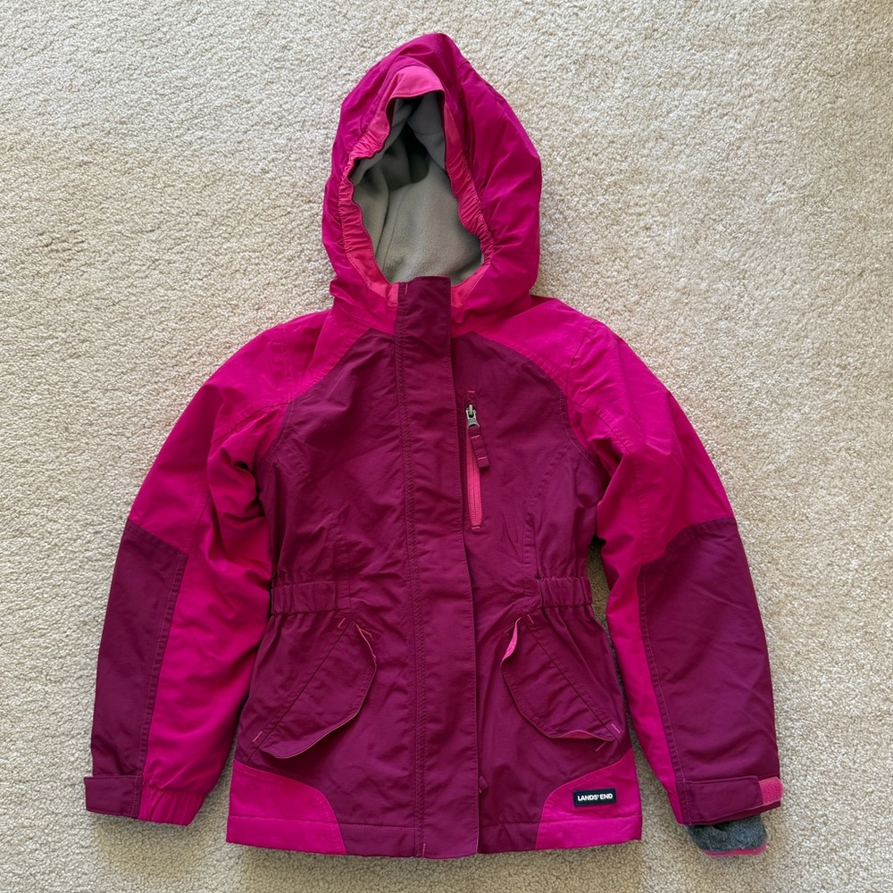 Lands’ End Pink Waterproof Insulated Hooded Snow Jacket with Gray Fleece Lining